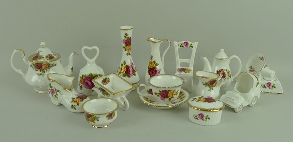 A collection of miniature ornaments decorated in the Royal Albert 'Old Country Roses' pattern, '