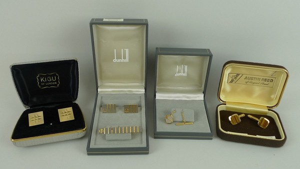 A pair of Dunhill burnished white and gilt metal cufflinks and matching tie slide, Dunhill tie