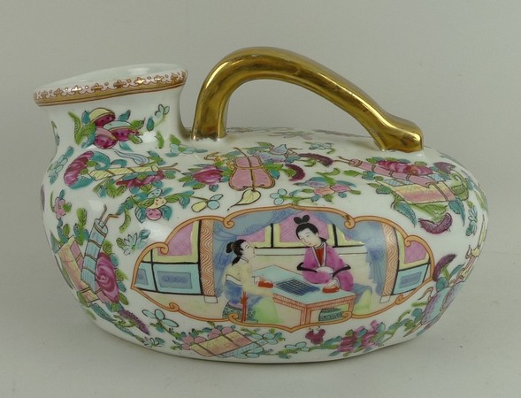 A Cantonese porcelain bourdaloue, late 19th/early 20th century, with a gilt handle, painted with