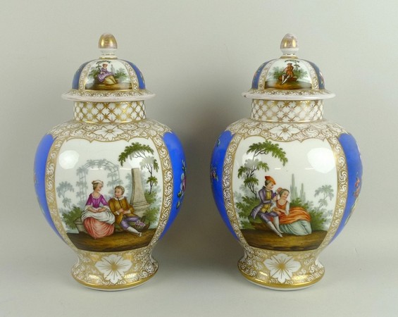 A pair of Dresden, Helena Wolfson, porcelain vases and covers, late 19th century, of baluster form