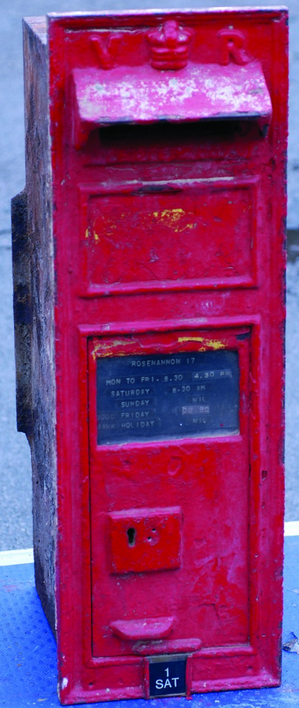 VICTORIAN MAIL BOX. 30ins tall, 10ins wide, 15ins deep, heavy cast iron mail box painted red ?VR? &