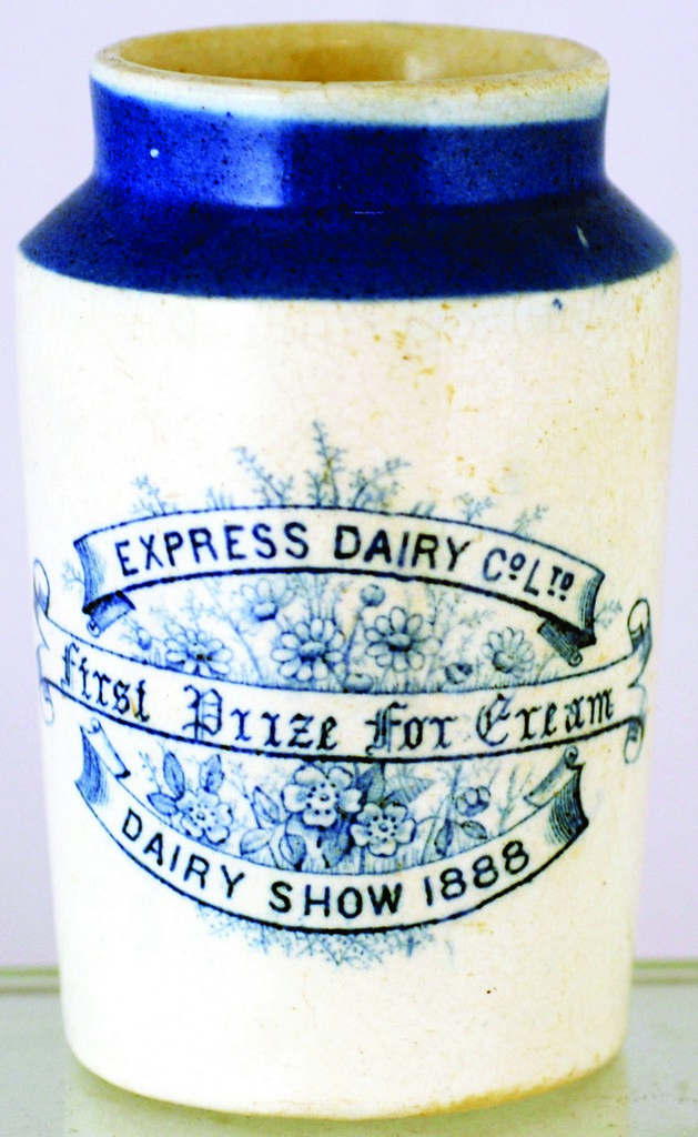 EXPRESS DAIRY CO CREAM POT. 4ins tall, pale blue top, blue transfer ?EXPRESS DAIRY... FIRST