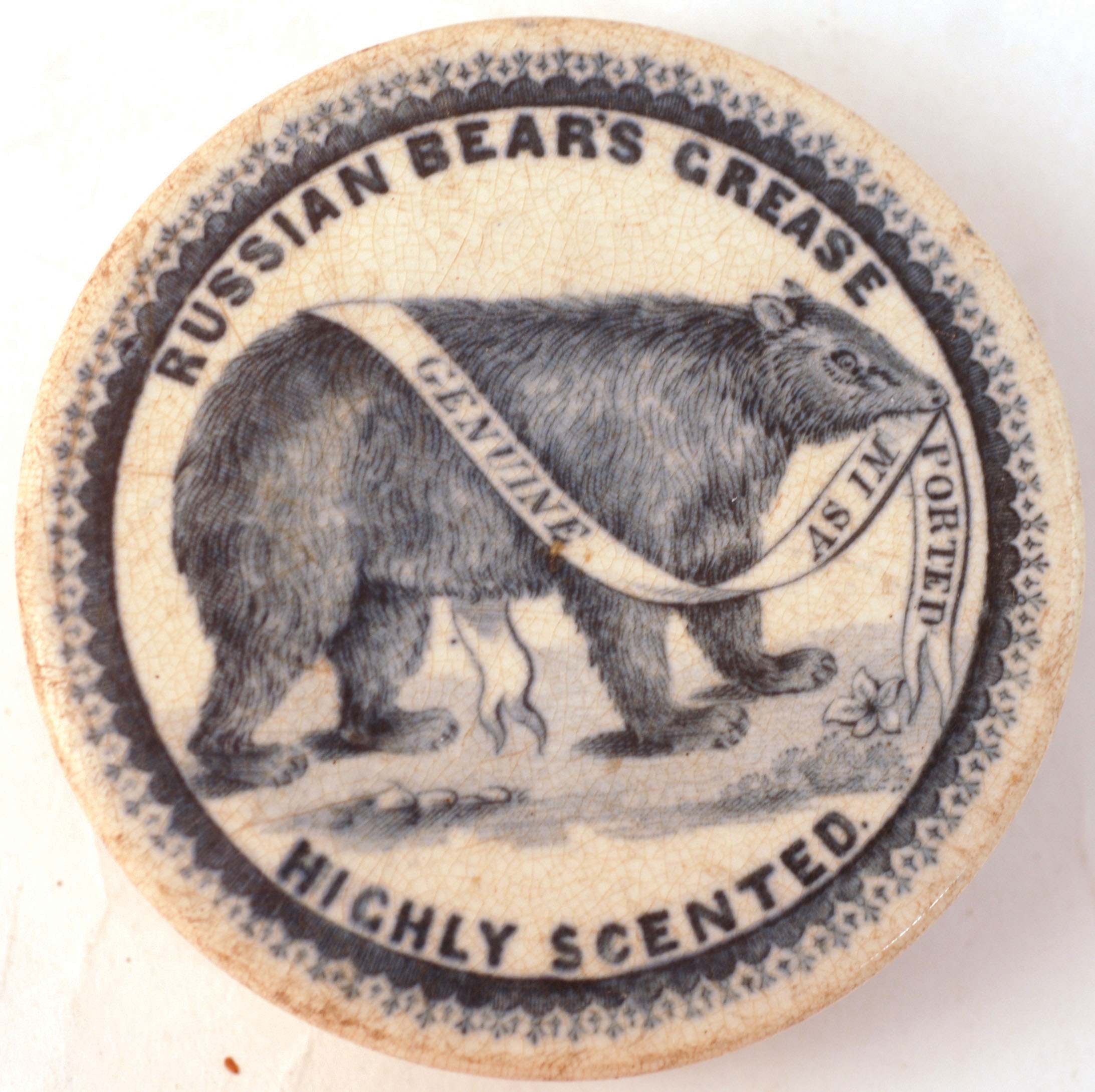 RUSSIAN BEARS GREASE POT LID. 3.5ins diam, blue transfer ‘RUSSIAN BEARS GREASE HIGHLY SCENTED’.