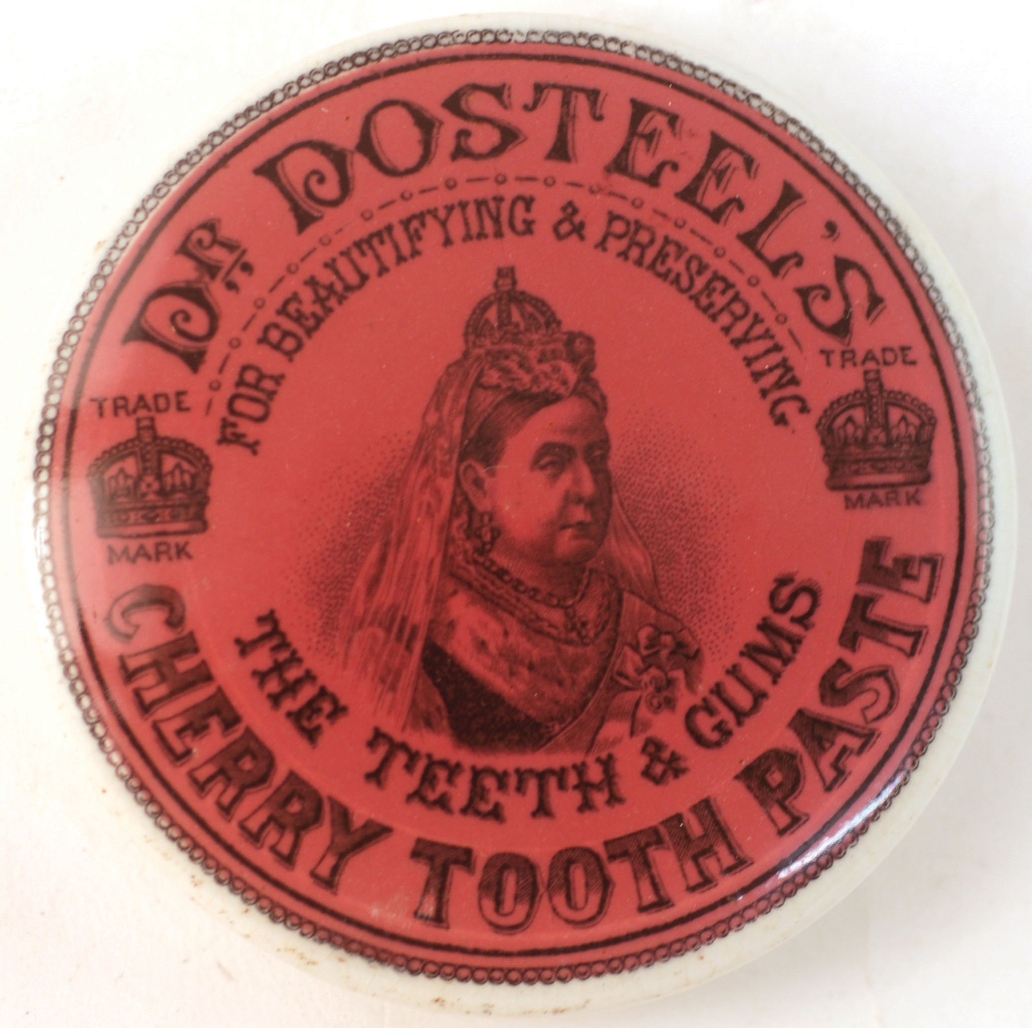 DR DOS-TEELS CHERRY TOOTH-PASTE. 3.25ins diam, black transfer, pink background Queen Victoria