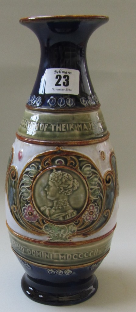 A Royal Doulton saltglaze stoneware vase commemorating the coronation of King Edward VII and Queen