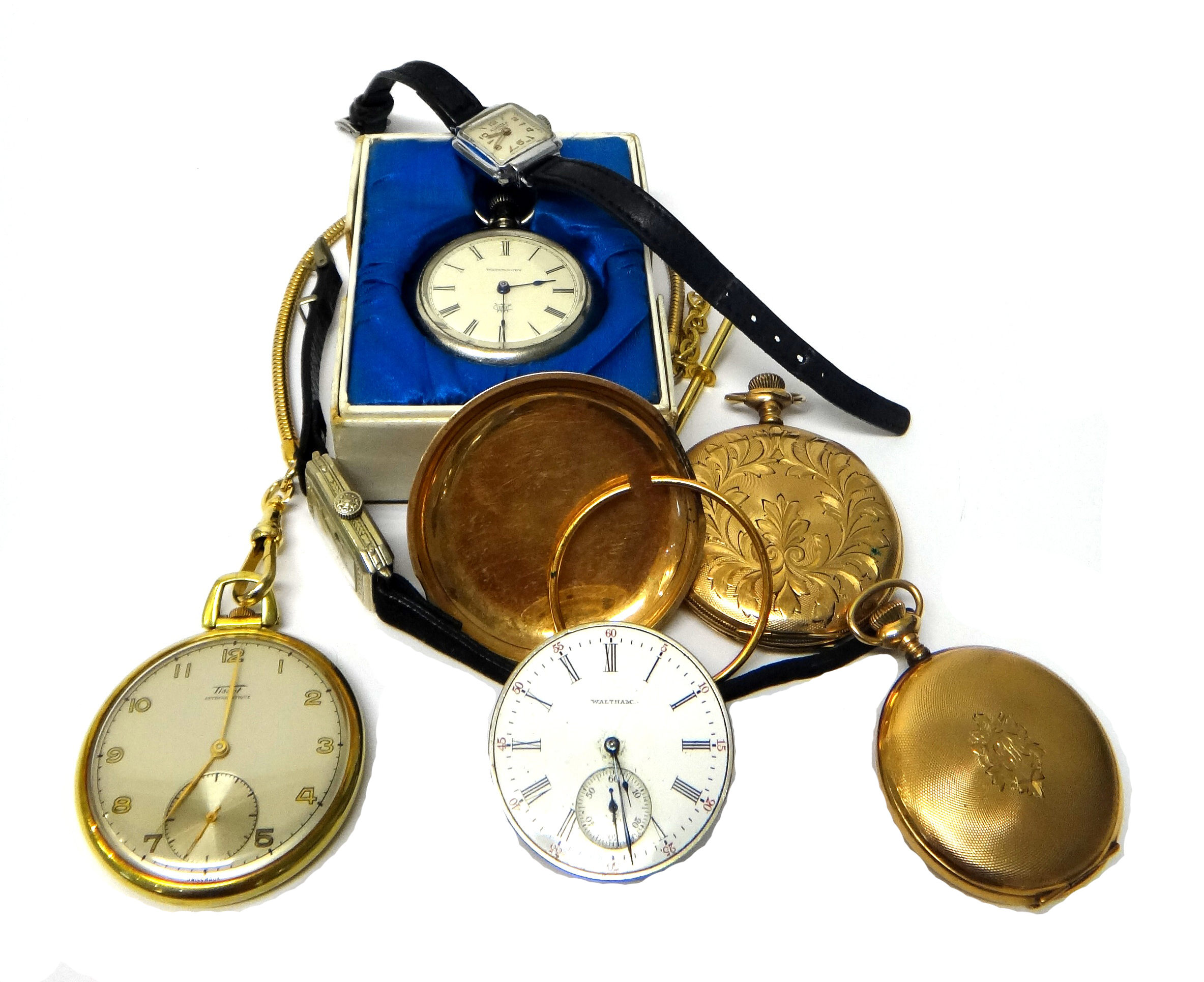 A gilt metal cased, keyless wind, openfaced dress watch, with a chain, a Waterbury keyless wind