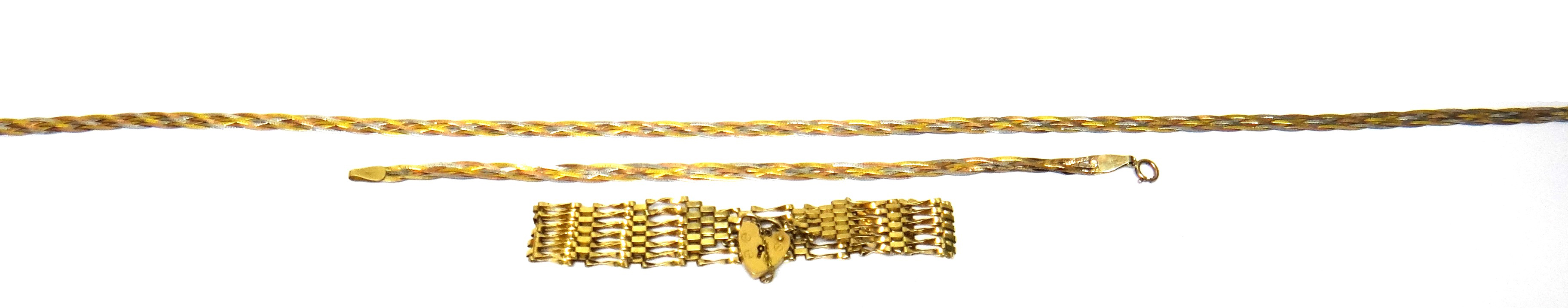 A 9ct three colour gold necklace, with a matching bracelet, each in an interwoven link design, on