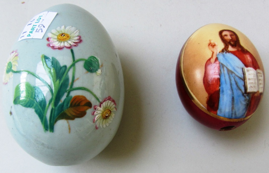 Two Russian porcelain Easter eggs, late 19th century, unmarked comprising; one painted in enamels
