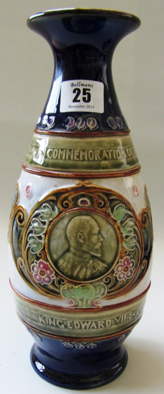 A Royal Doulton saltglaze stoneware vase commemorating the coronation of King Edward VII and Queen