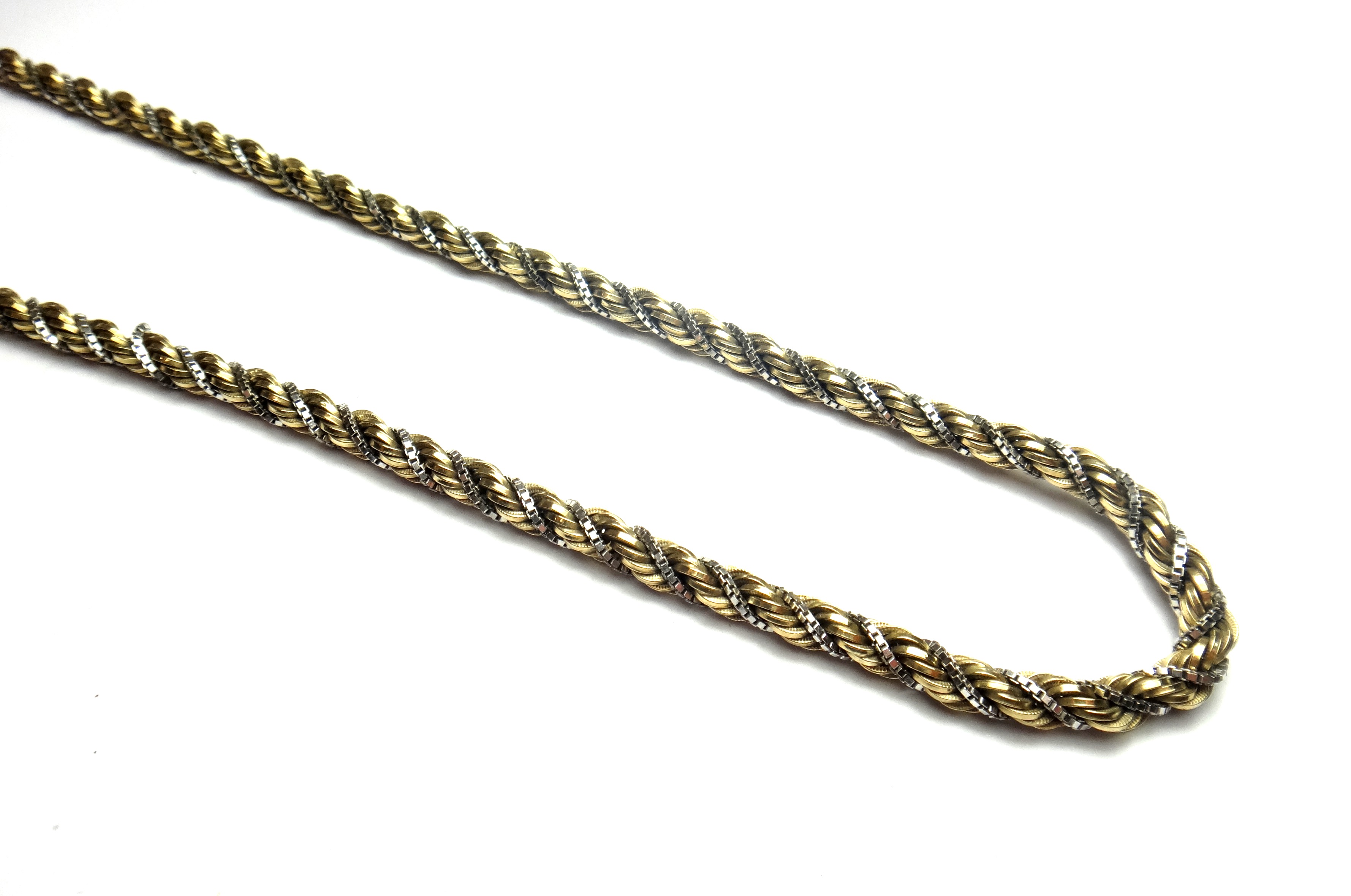 A 9ct two colour gold ropetwist link neckchain, on a cylindrical clasp, weight 29.5 gms.