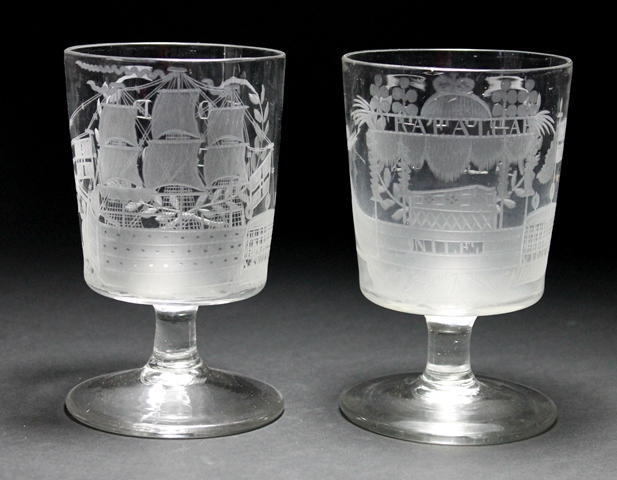 Naval interest: two engraved Nelson commemorative glass goblets, early 19th century, each with a