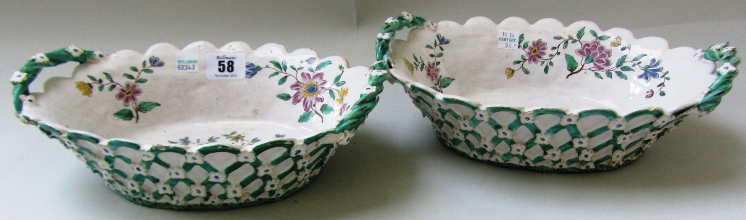 Two Sceaux faience baskets, mid 18th century, each of scalloped oval form applied with two