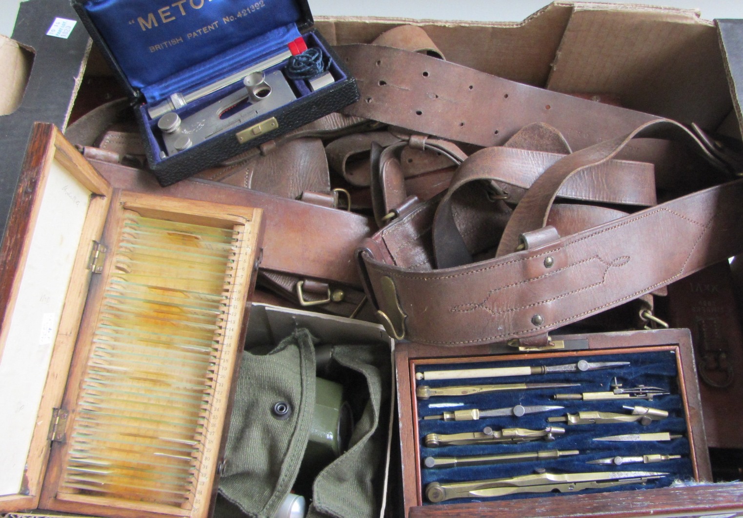 A quantity of metalware collectables, including; a WW2 stereoscope bar parallax, cased, a cased