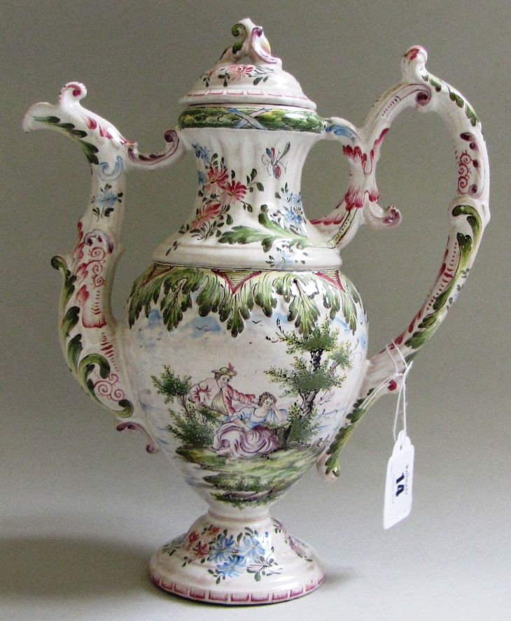 A French faience baluster coffee pot and cover, late 19th century, with acanthus and scroll