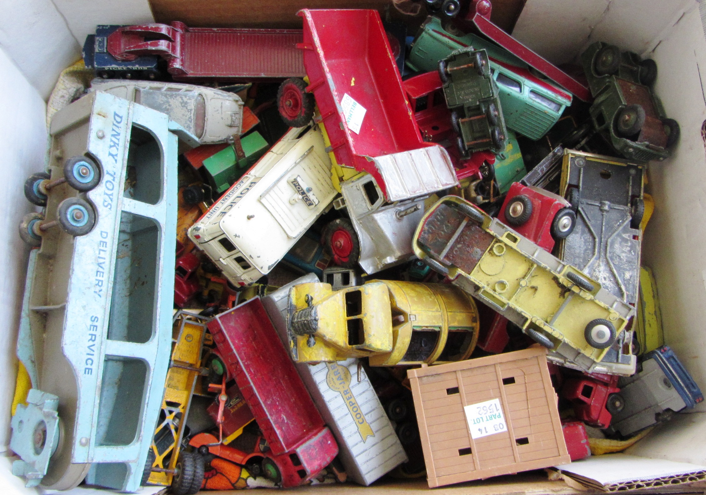 A quantity of die-cast vehicles, including Dinky, Corgi and Matchbox Lesney, all playworn (qty).