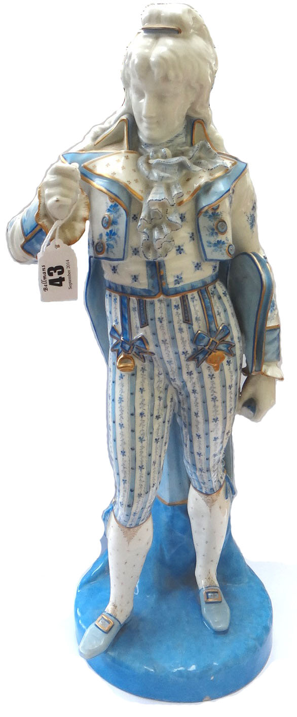 A pair of large French porcelain figures of a gallant and companion, late 19th century, signed