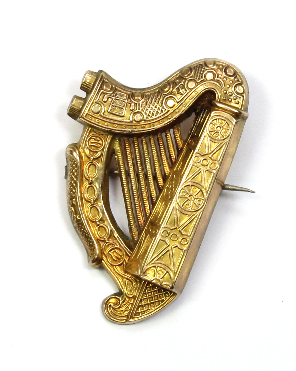 A Victorian 9ct gold brooch, designed as an Irish harp, Dublin 1896, with a later case, weight 6.5