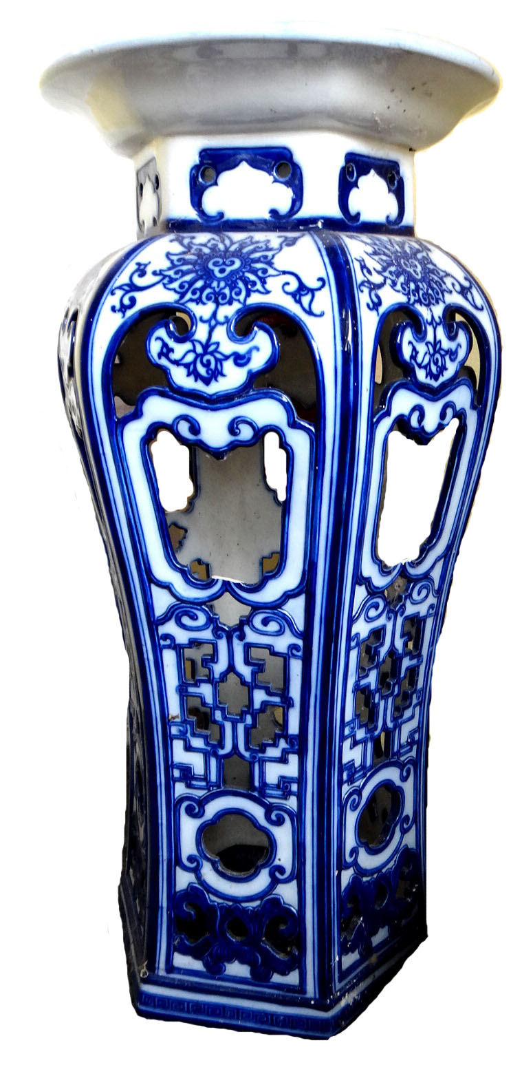 A Mintons earthenware  blue and white pierced baluster pedestal, late 19th century, in Chinese