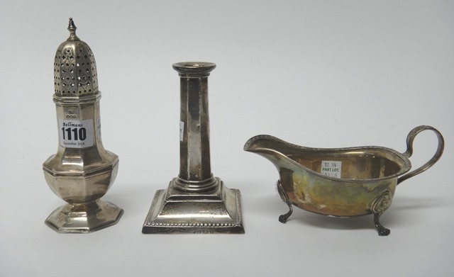 Silver and silver mounted wares, comprising; an octagonal baluster shaped sugar caster, Sheffield