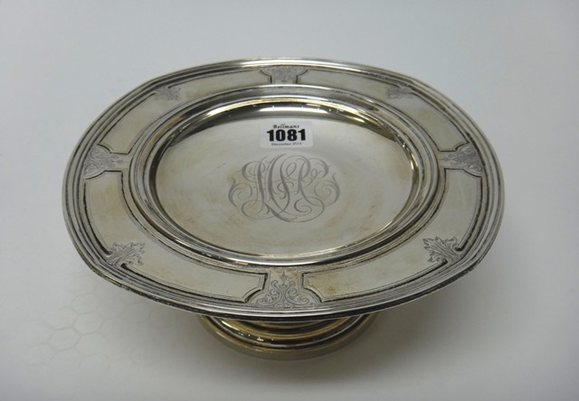 A shaped circular pedestal comport, monogram engraved at the centre, otherwise with engraved