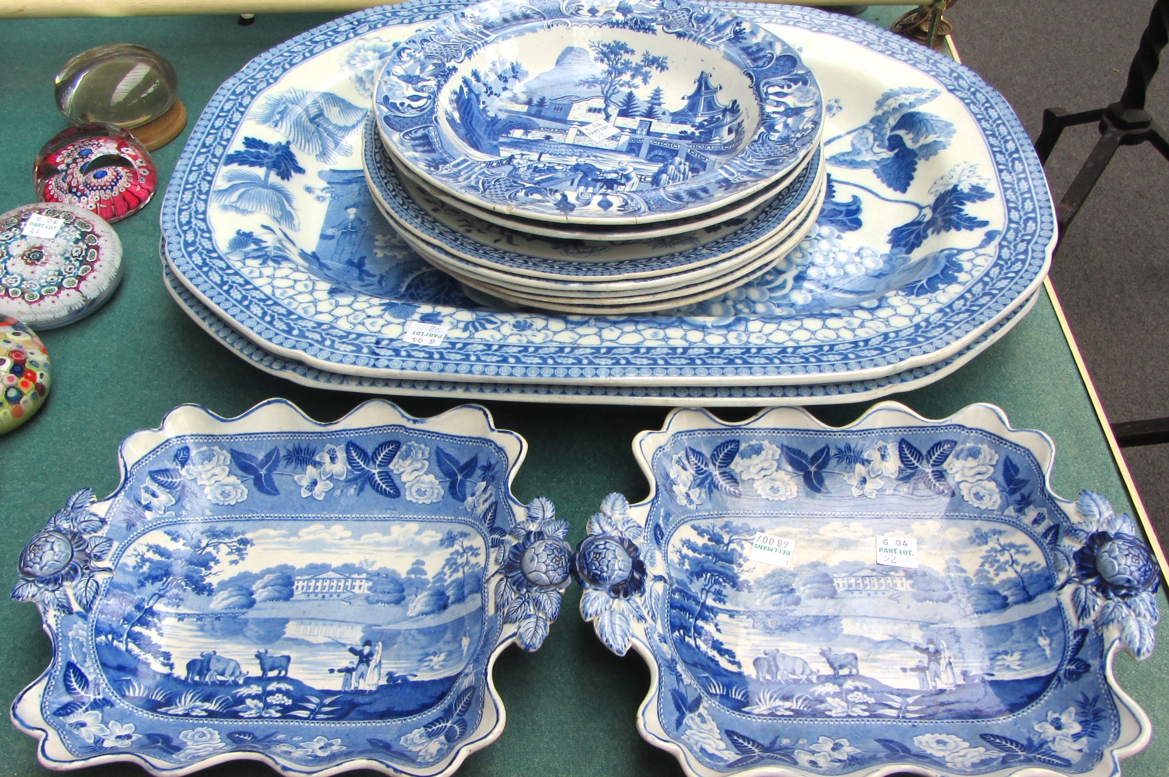 A group of Rogers blue and white earthenware, 19th century, transfer printed with flowers and fruit,
