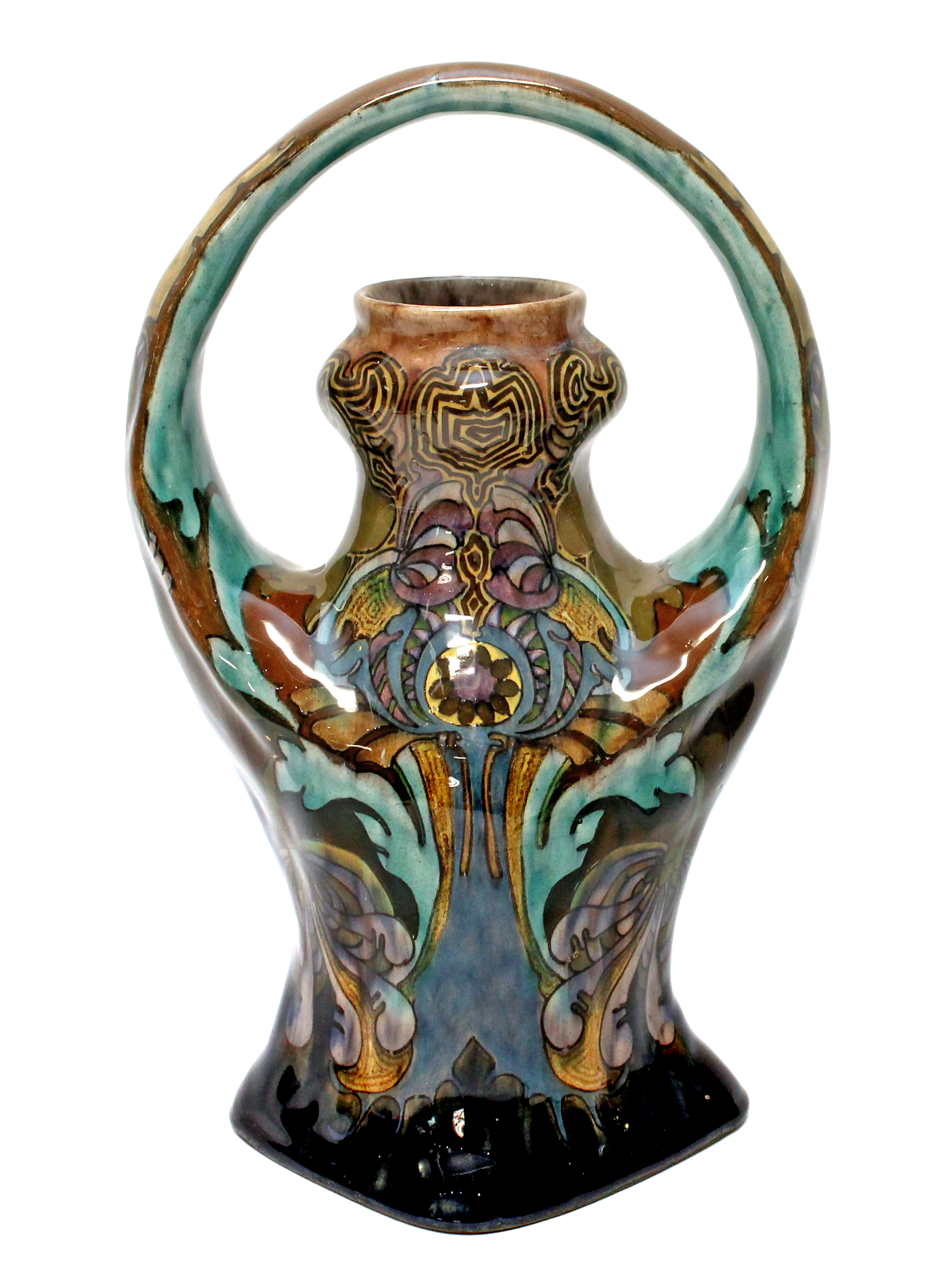 A Rozenburg earthenware vase, c.1900, with loop handle over a lozenge shaped body, decorated with