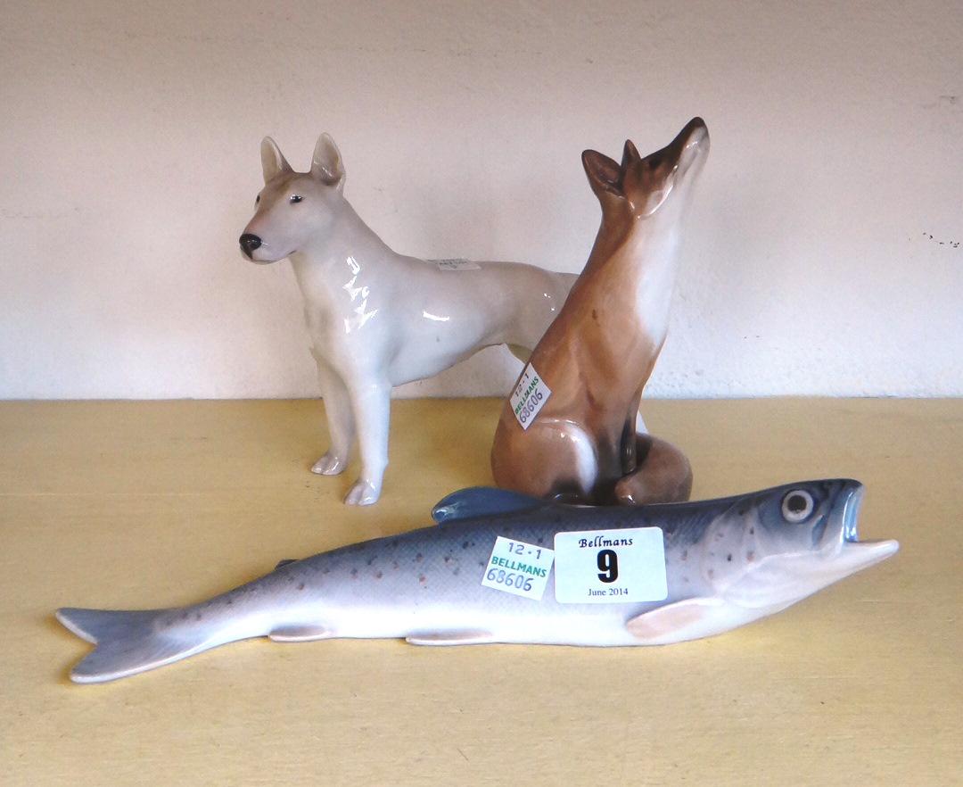 Three Royal Copenhagen porcelain animals; an English bull terrier No 3280 (cox), a fox No 105 and