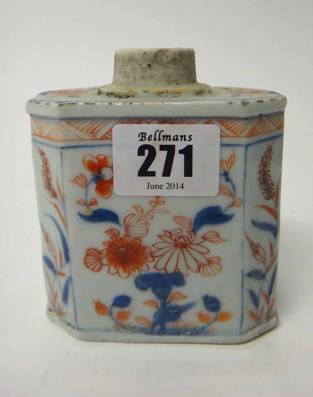 A Chinese Imari tea canister, circa 1720-50, of chamfered rectangular form, painted with flowers