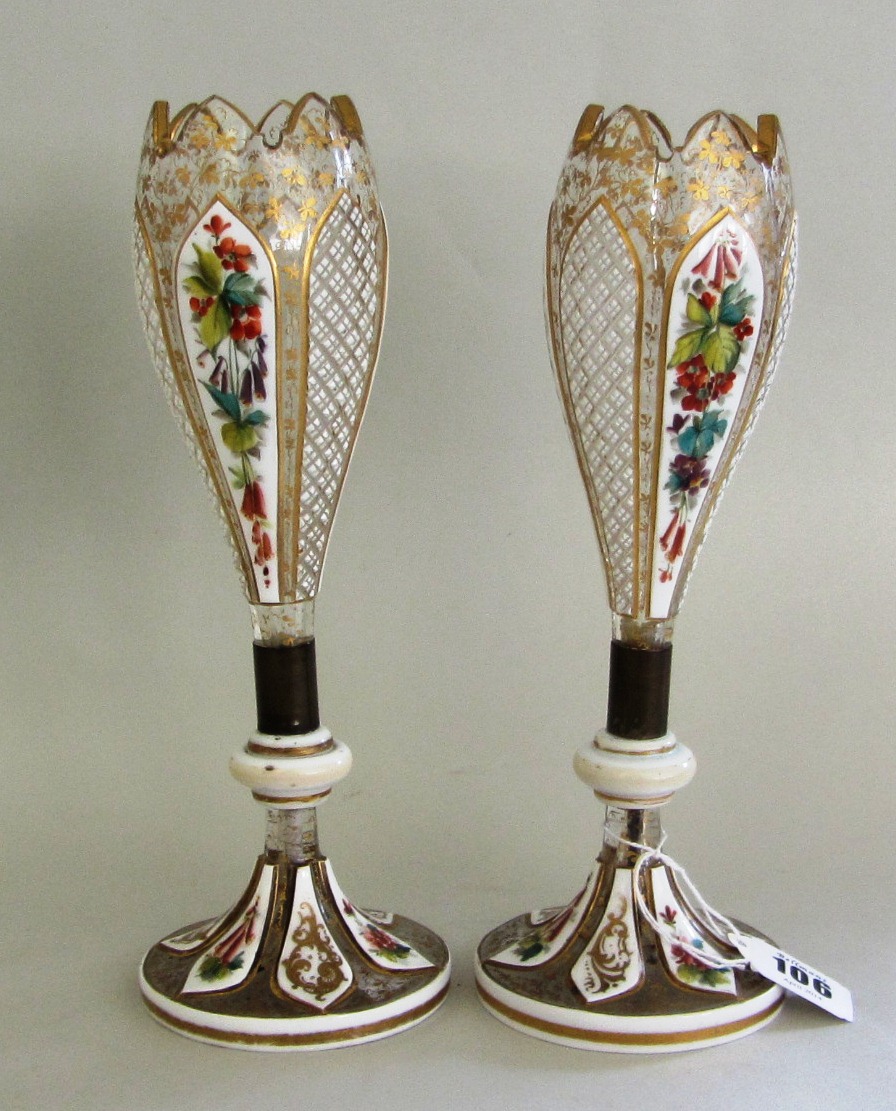 A pair of Bohemian overlay and enamelled glass vases, late 19th century, (a.f), 25.5cm.high..