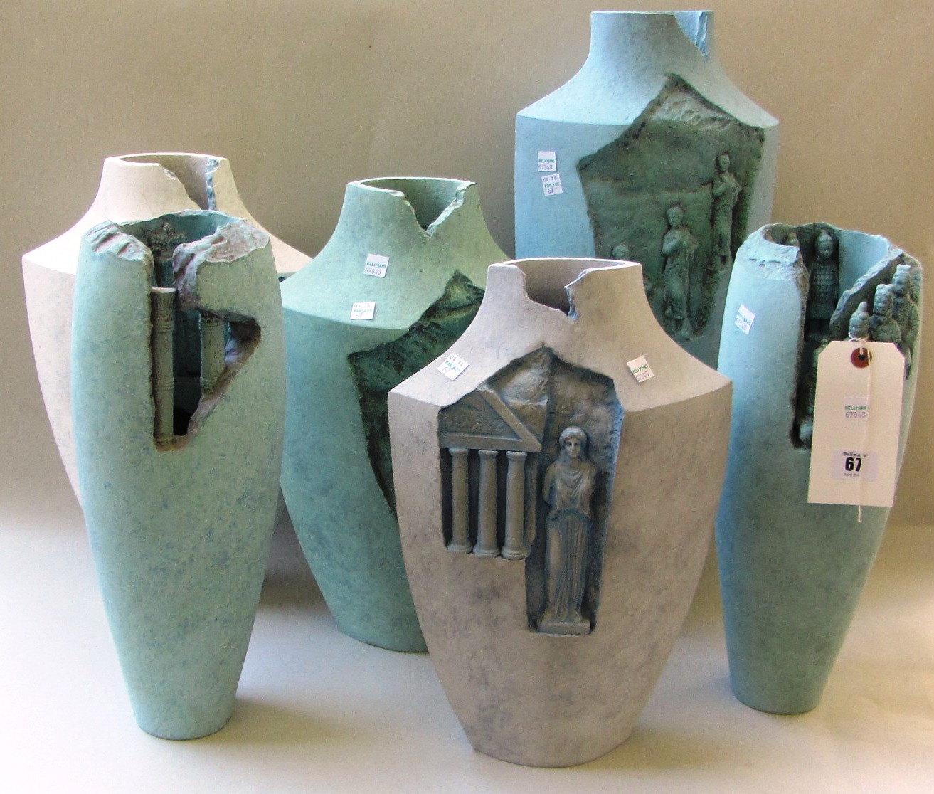A group of six Amanda King ceramic vases, circa 1992/93, decorated in an archeological style with