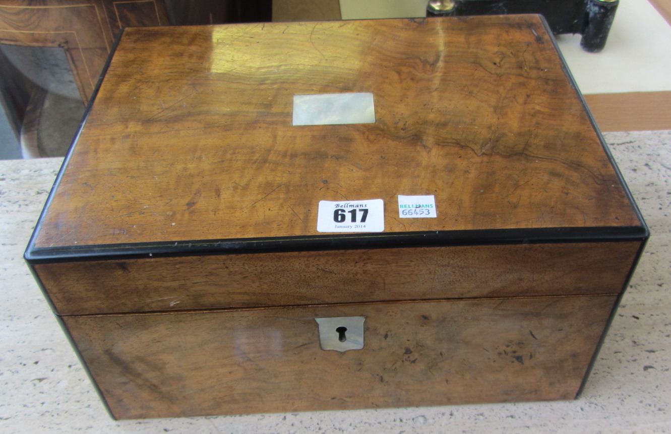 A 19th century mother of pearl inlaid walnut sewing box with tray interior, 31cm wide.