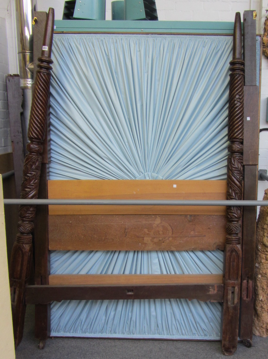 A 19th century and later mahogany four poster bed with spiral fluted columns, 144cm wide x 198cm