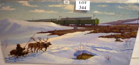Victor Zumin  Russian Sergei Possad - An unframed oil on canvas train through snowy landscape with