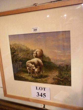After Thomas Sidney Cooper - A framed and glazed watercolour sheep grazing with church in the