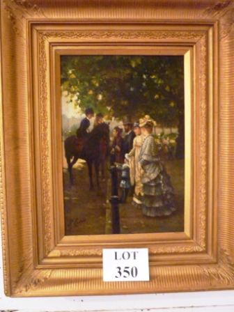 A 20c framed oil on board Edwardian street scene with girls on horseback and families in their