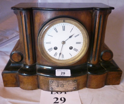 A 19c mantel clock with silver plaque dated 1874 est: £50-£80 (G2)