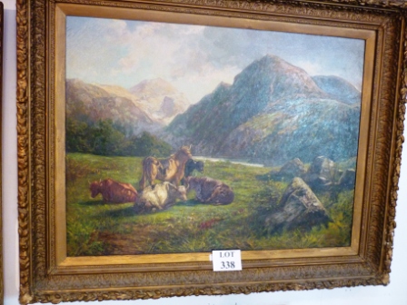 A 19c gilt framed oil on canvas Highland Cattle with mountains beyond signed Pappacella lower