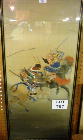 A framed and glazed oriental study of two warriors on horseback with oil coloured highlights est: £