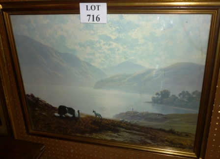 A framed and glazed coloured print country landscape scene with sheep dog and lambs printed