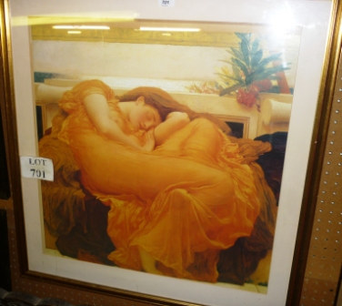 A large framed and glazed 20c coloured print of a sleeping woman 'Flaming June' est: £20-£30