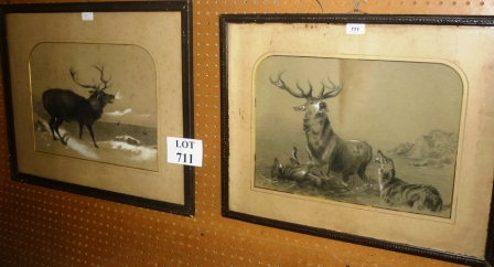 Two framed and glazed drawings depicting stags one signed W H Smith lower left possibly same