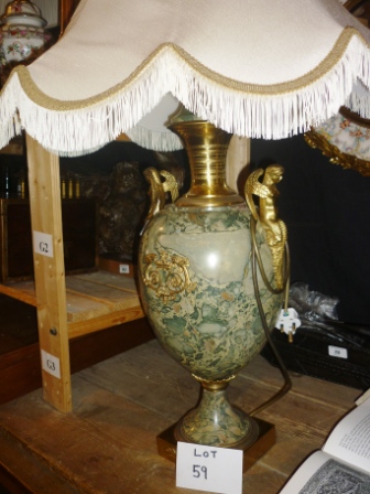 A large highly decorative Empire style ormolu and marble vase/lamp base with caryatid handles, 59 cm