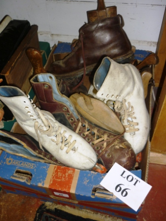 Vintage foot wear to include golf shoes, ice skates and treen shoe trees est: £30-£50 (BF23)