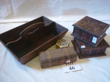 A 19th century mahogany cutlery holder and three carved or decorative boxes est: £40-£60 (B10)