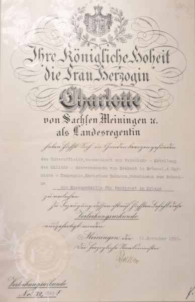 Sax Meiningen  Honor Medal for Merits in the War, document to NCO Christian Dubhorn kommanded to the