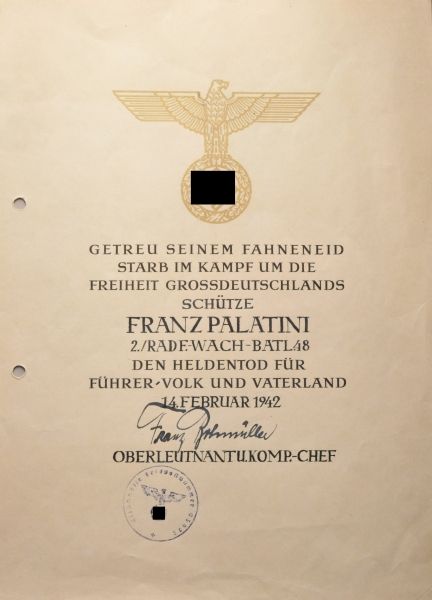 Germany (1933-1945)  Document for heroic death of Franz Palatini (rifleman).  Preprint, sealed, OU.