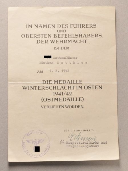 Germany (1933-1945)  Documents of the SS-Standartenjunkers Günther Matthies.  -medal east front