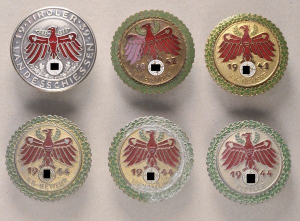 Germany (1933-1945)  Lot of 6 Tirol Shooting Badges.  Various.  Condition: II    Starting price: 400