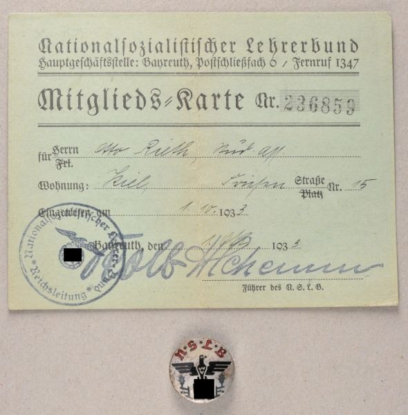 Germany (1933-1945)  NS teachers association badge and membership card of Otto Rieth.  Partly