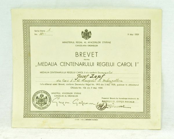 Romania  Medal of the goverment Carol I., for the Hohenzollern J.Zepf.  Preprint, issued on 9.5.